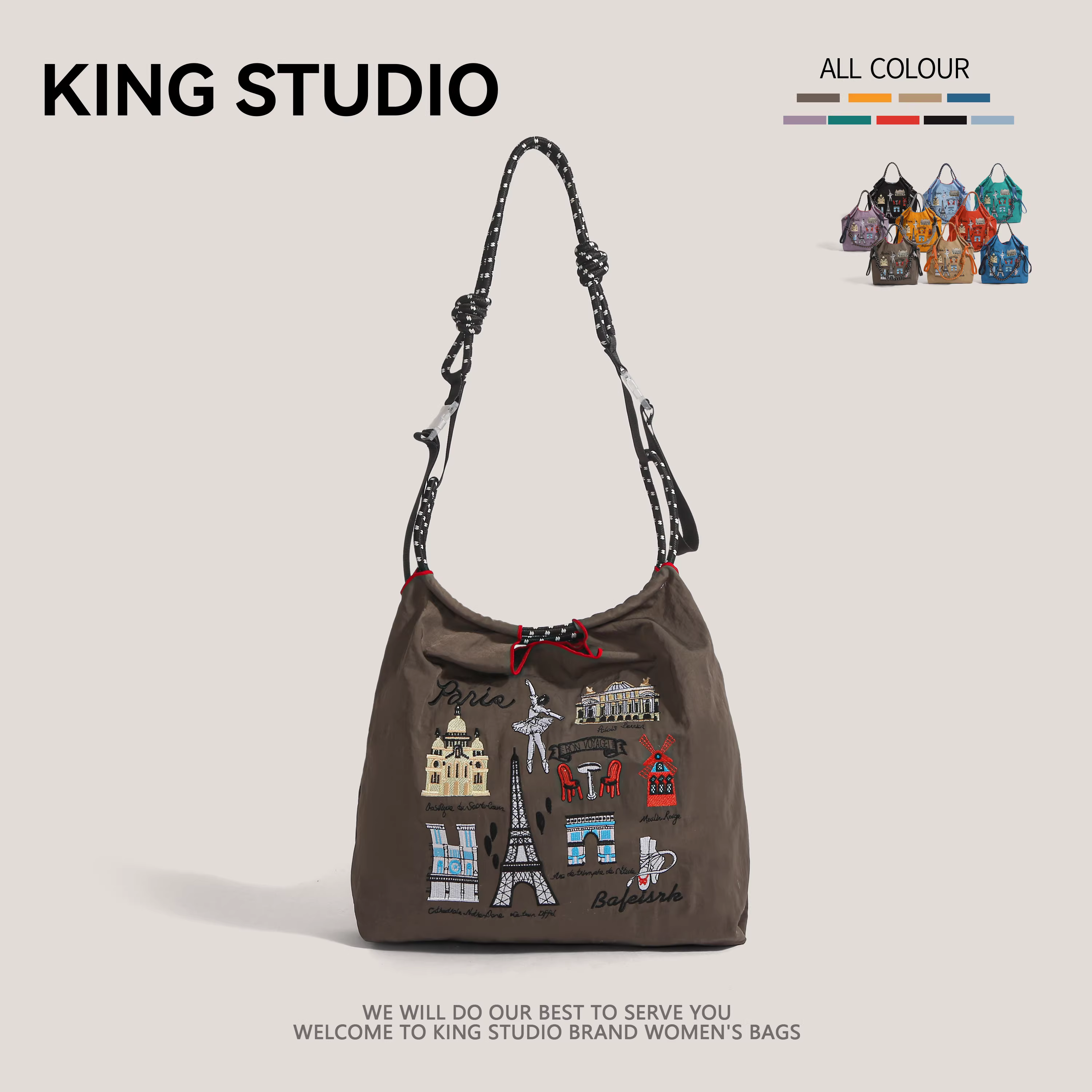 Túi tote đeo vai/chéo chất liệu nylon cao cấp, thân thiện với môi trường, thêu hình cầu Nhật Bản, kiểu dáng tròn, dành cho nữ