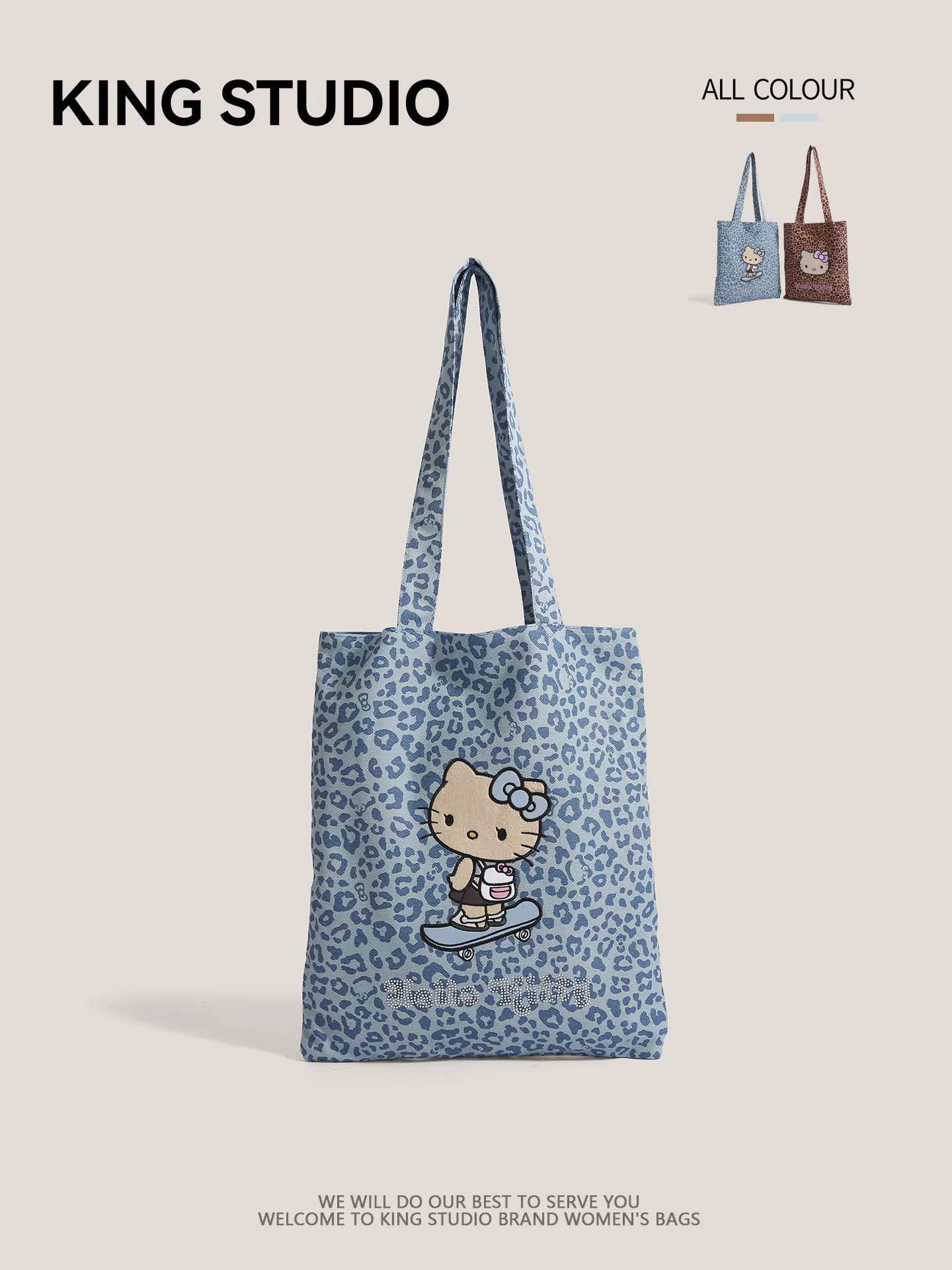 Túi vải canvas Hello Kitty dễ thương dành cho nữ, túi tote đính đá, túi đeo vai học sinh dung tích lớn, túi mua sắm