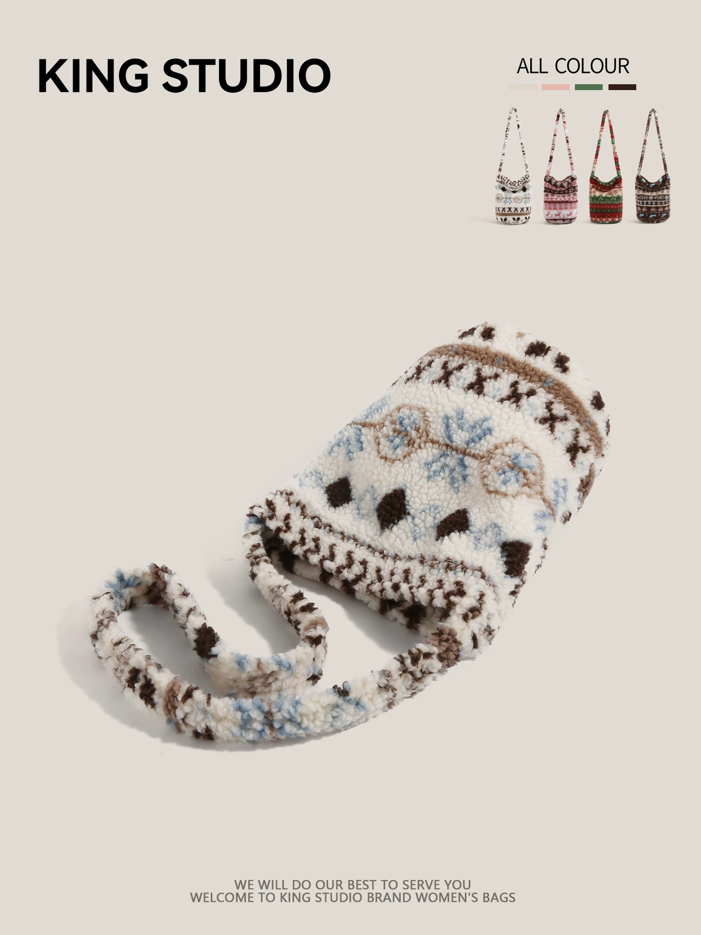 Túi lông mềm phong cách Fair Isle dành cho nữ, mẫu mới 2026, phong cách Hàn Quốc thời thượng, kiểu dáng lười biếng, túi đeo vai dung tích lớn, túi đeo vai đi làm