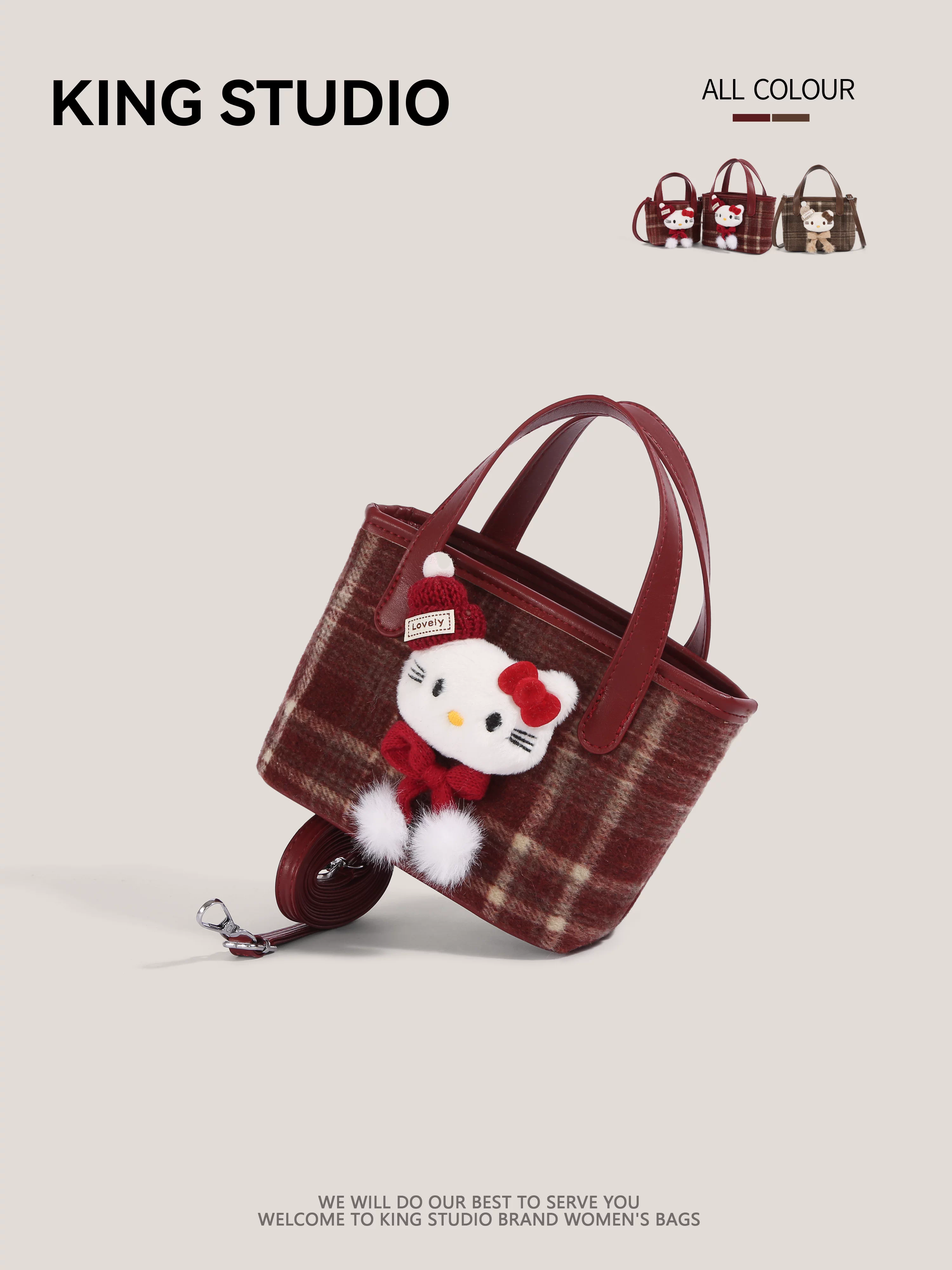Túi xách Hello Kitty dễ thương dành cho nữ, kiểu mới 2026, chất liệu len kẻ caro hoạt hình, đeo vai/chéo