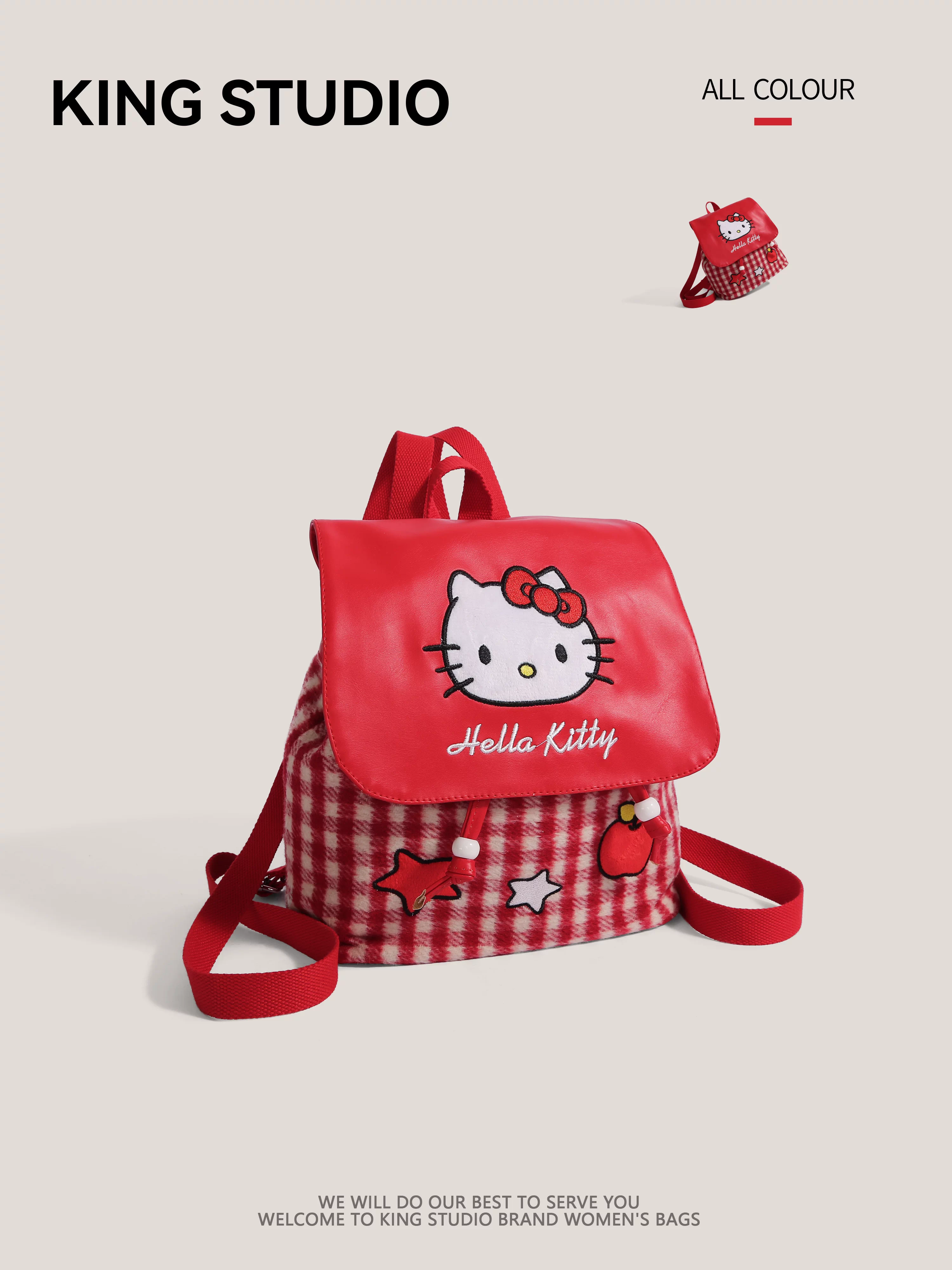 Ba lô Hello Kitty kẻ caro đỏ dễ thương dành cho nữ, mẫu mới 2025, ba lô đi làm hoạt hình Hello Kitty thời thượng