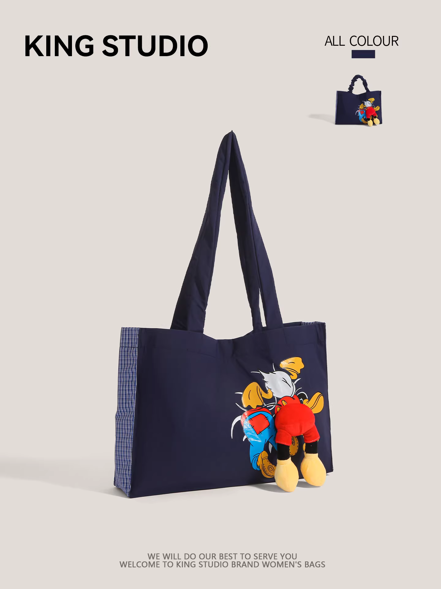 Túi tote denim Hàn Quốc phong cách graffiti dễ thương dành cho nữ, mẫu mới 2025, dung tích lớn, túi đeo vai hình mông vịt Donald