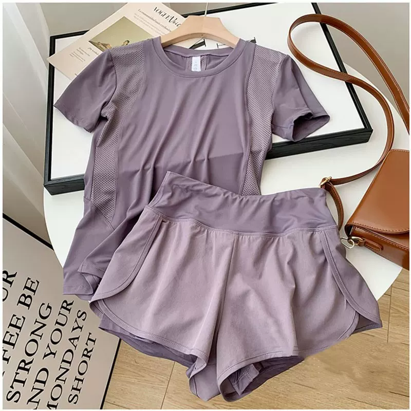 Bộ đồ thể thao chạy bộ mùa hè dành cho nữ, bộ đồ tập thể dục chạy bộ buổi sáng rộng rãi, quần áo nhanh khô thoáng khí có túi, quần short cạp cao, mới.