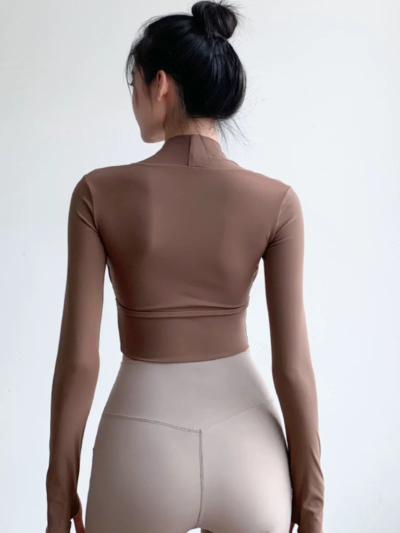 Áo tập yoga tay dài nữ, kiểu mới thu đông 2025, áo thể thao ngắn có mút ngực, đồ tập Pilates, đồ tập thể dục