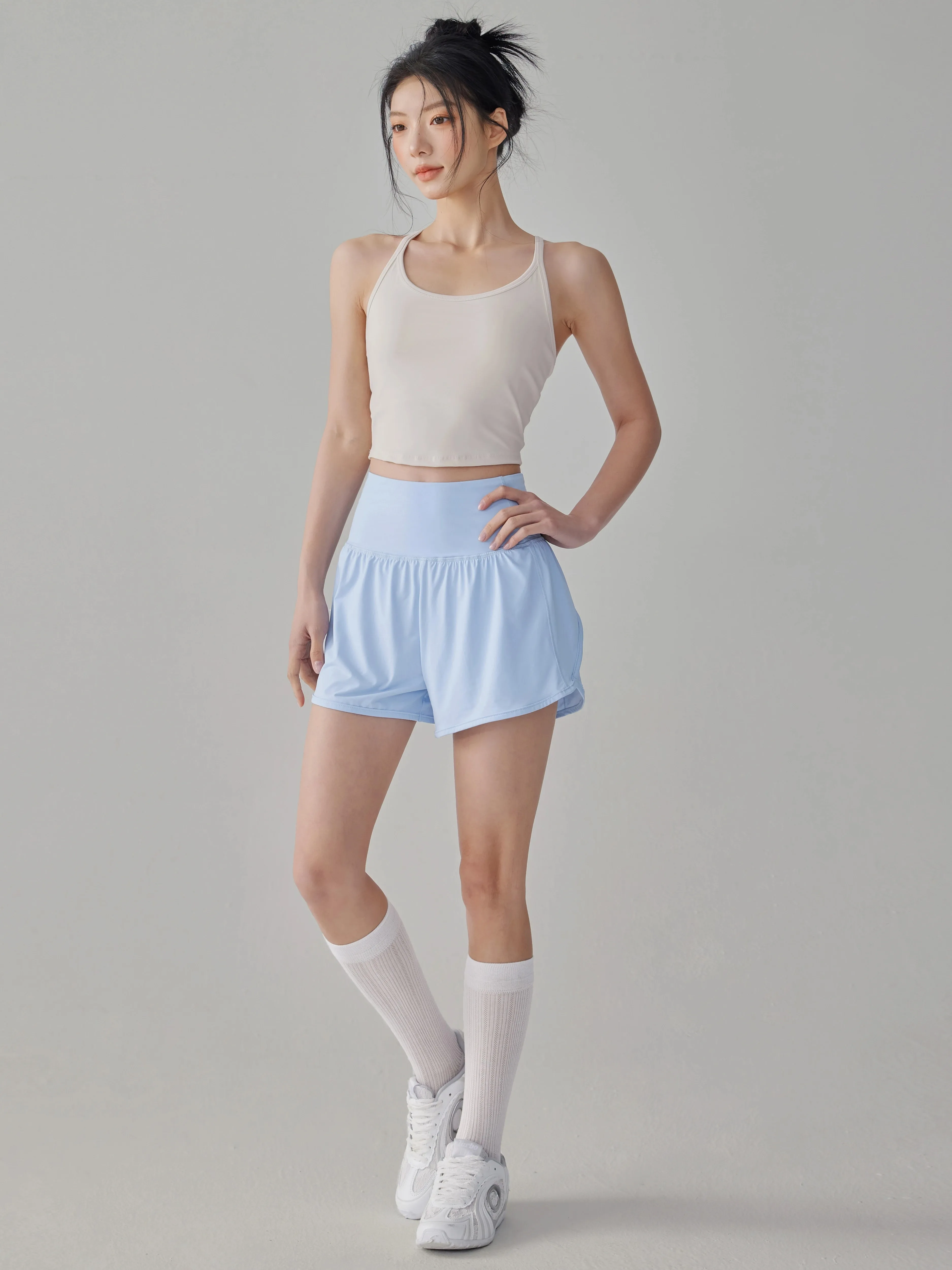 Quần short thể thao cạp cao chống lộ hàng có túi dành cho nữ, bộ trang phục tập yoga, chạy bộ, tập thể dục nhanh khô, thoáng khí cho mùa hè.