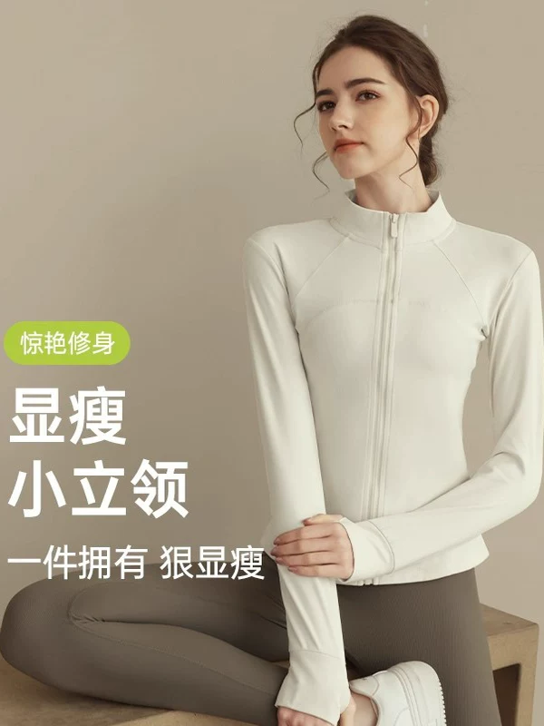 Áo khoác thể thao cổ đứng lót lông cừu dành cho nữ, trang phục tập thể dục chạy bộ, áo tập yoga dài tay co giãn bó sát, phong cách mùa thu đông.