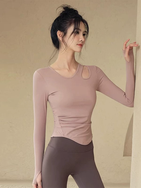 Quần áo tập yoga cho nữ mùa xuân hè, áo thể thao có đệm ngực, quần áo tập thể dục chạy bộ và tập Pilates chuyên nghiệp dài tay giúp thon gọn vóc dáng