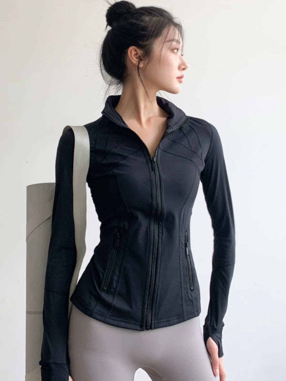 Quần áo tập yoga cho nữ, tay dài, ôm sát, đa năng, nhanh khô, áo thể thao chạy bộ có khóa kéo, cổ đứng, áo khoác thể thao, mùa thu đông
