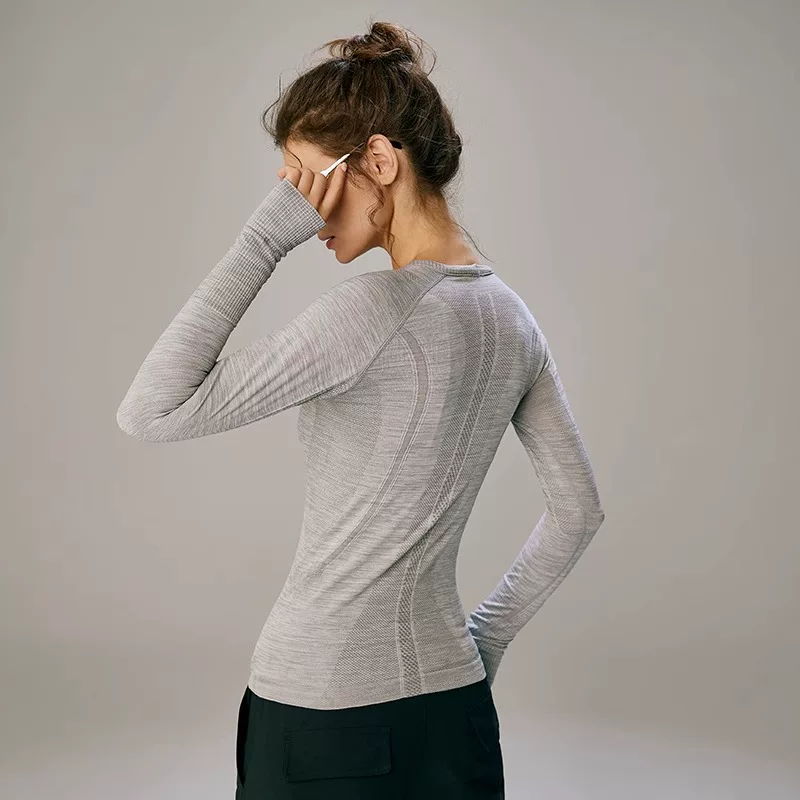 Quần áo thể thao mùa thu đông dài tay nhanh khô, quần áo tập thể dục chạy bộ yoga màu xám, áo nỉ ôm vừa vặn, bộ đồ thể dục mùa thu