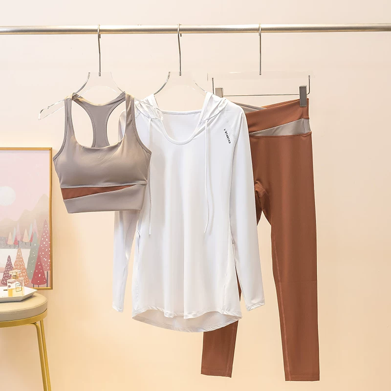 Quần áo tập yoga cho nữ vào mùa xuân và mùa hè, áo vest nâng mông cạp cao chuyên nghiệp dành cho chạy bộ và tập thể dục, bộ đồ tập thể dục nhanh khô có mũ trùm đầu dài tay