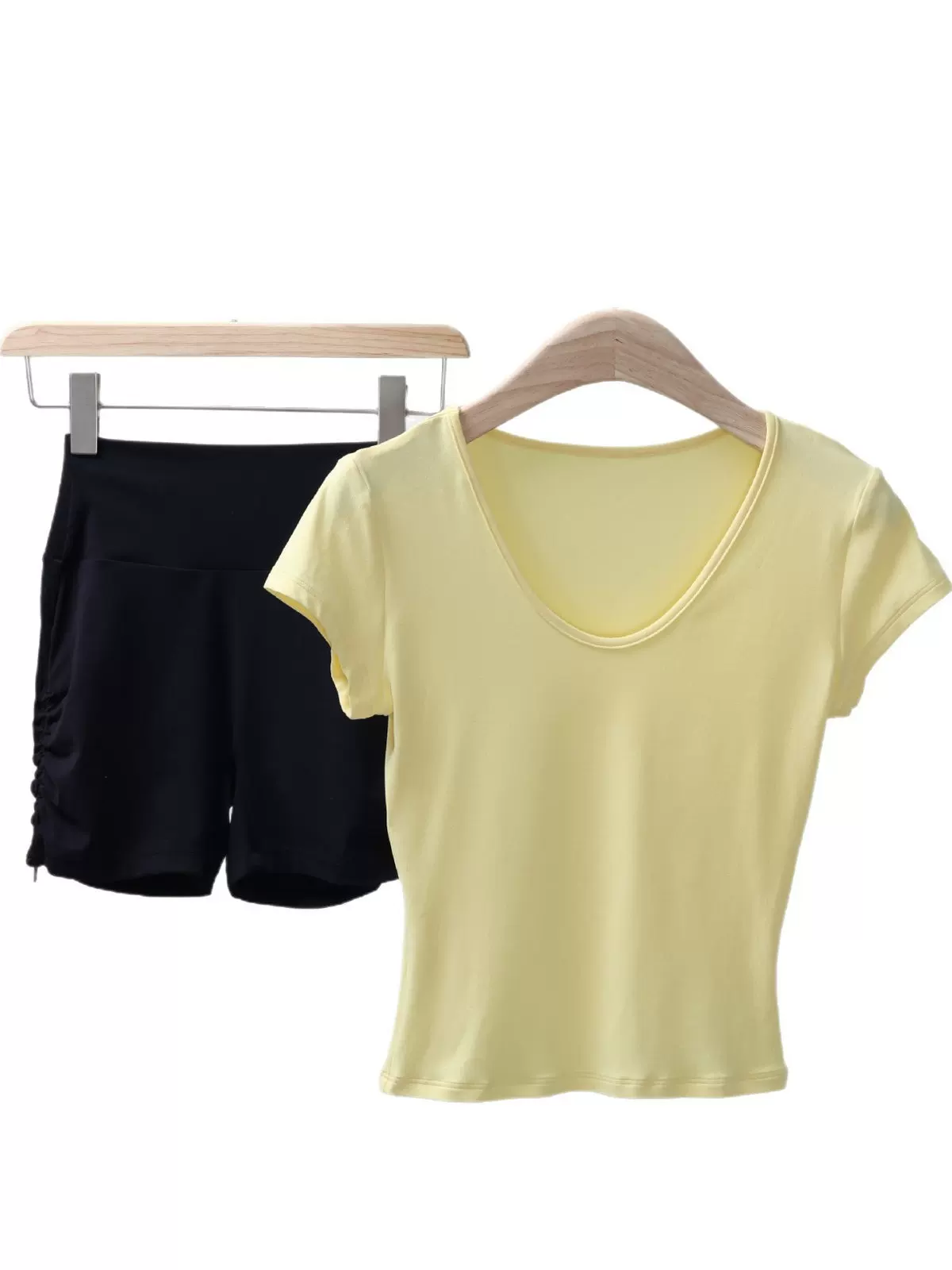 Bộ đồ thể thao dành cho nữ, áo thun ngắn tay ôm sát cổ chữ V mùa hè, quần short tập yoga nâng mông cạp cao chạy bộ