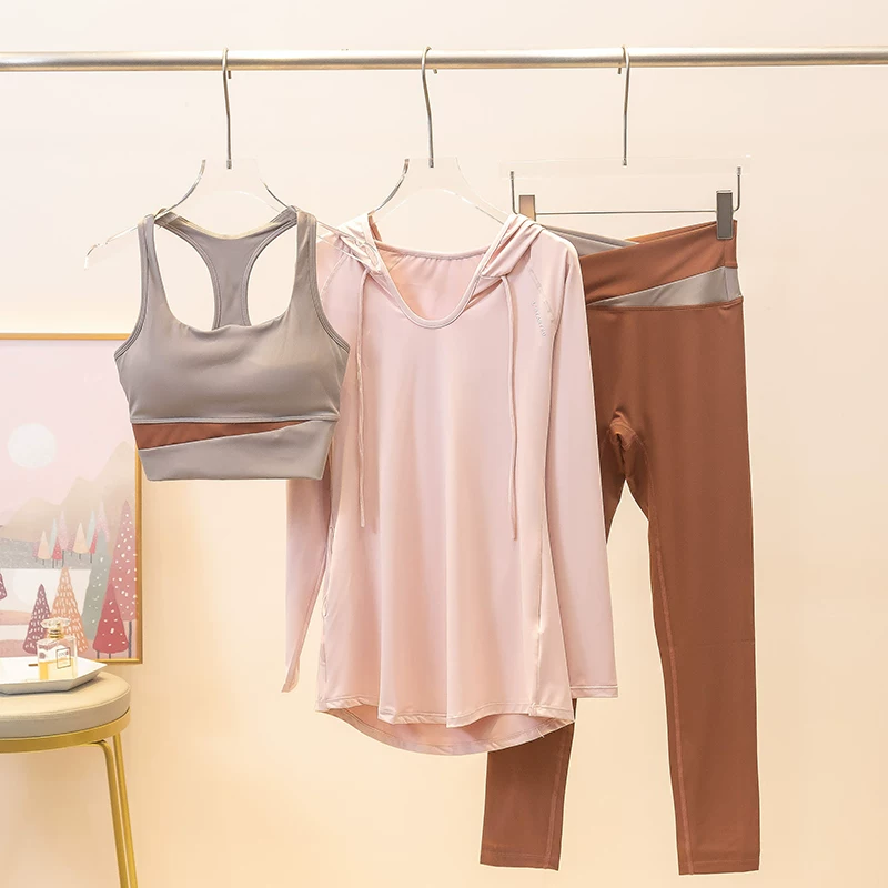 Quần áo tập yoga cho nữ vào mùa xuân và mùa hè, áo vest nâng mông cạp cao chuyên nghiệp dành cho chạy bộ và tập thể dục, bộ đồ tập thể dục nhanh khô có mũ trùm đầu dài tay