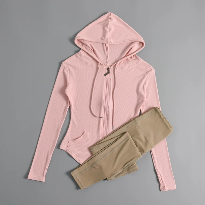 Áo khoác thể thao nữ, kiểu dáng mới mùa thu, áo hoodie có khóa kéo phong cách thể thao, bộ quần yoga bó sát nhanh khô.