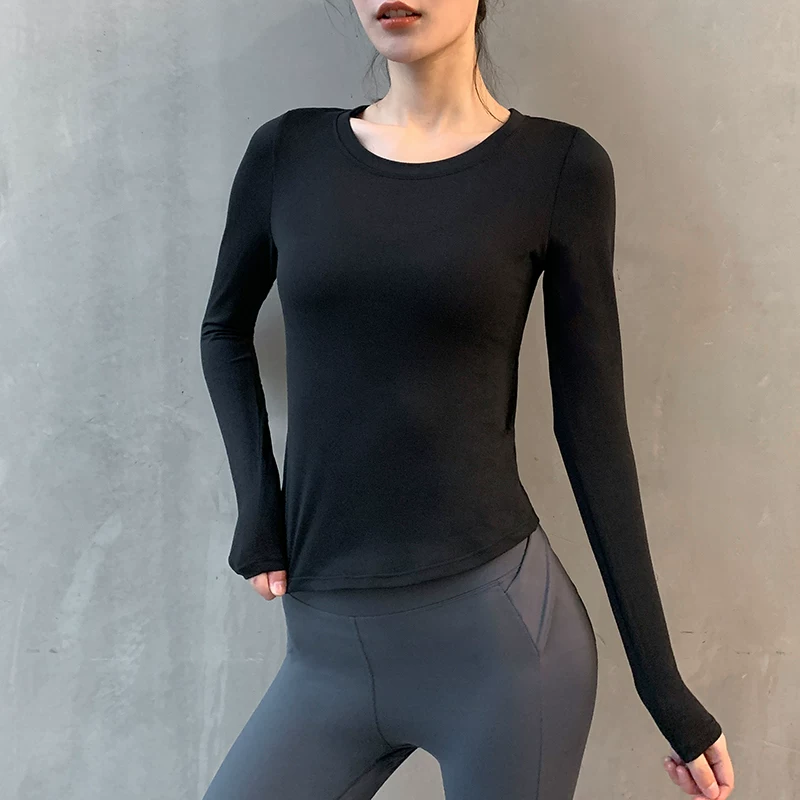 Áo tập yoga cho nữ, tay dài, lưng khoét, trang phục tập thể dục gợi cảm, áo thun thể thao bó sát, áo nhanh khô cho mùa hè.