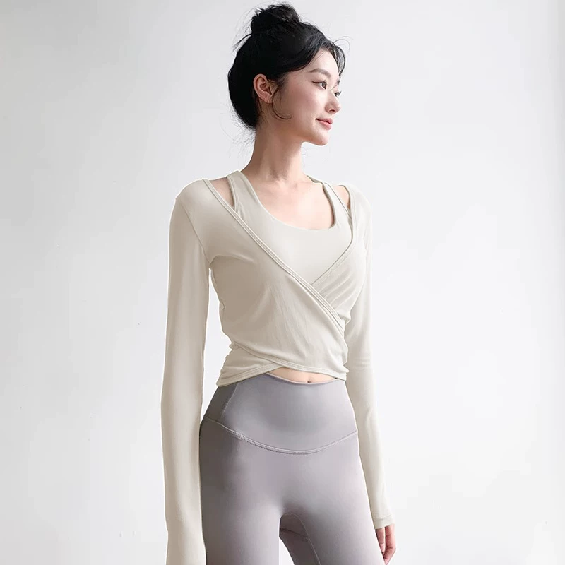 Quần áo tập yoga mùa thu, áo có đệm ngực, lưới thoáng khí, thể thao dài tay, tập chạy bộ, tập Pilates, bộ đồ tập thể dục hai mảnh