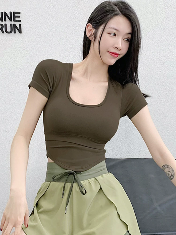 Quần áo tập yoga tay ngắn dành cho nữ bó sát giảm béo cố định miếng đệm ngực thể thao hàng đầu mùa hè tập thể dục chạy bộ áo thun thể thao