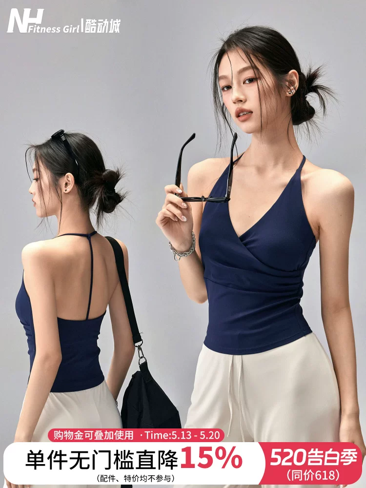 Áo tập yoga lưng trần đẹp mắt dành cho nữ, có đệm ngực, áo ngực thể thao cổ halter, áo khoác ngoài tập Pilates.