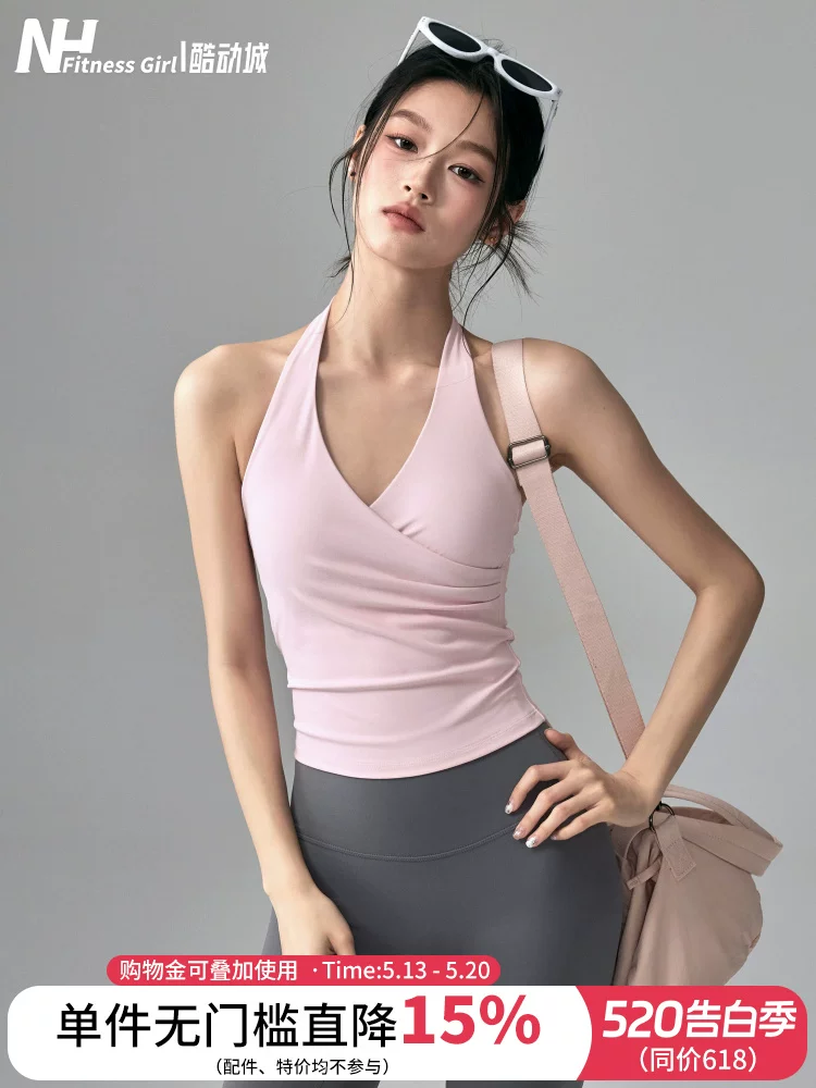 Áo tập yoga cho nữ có đệm ngực, áo lót cổ halter đẹp lưng trần, áo tập Pilates, áo thể thao mùa hè.