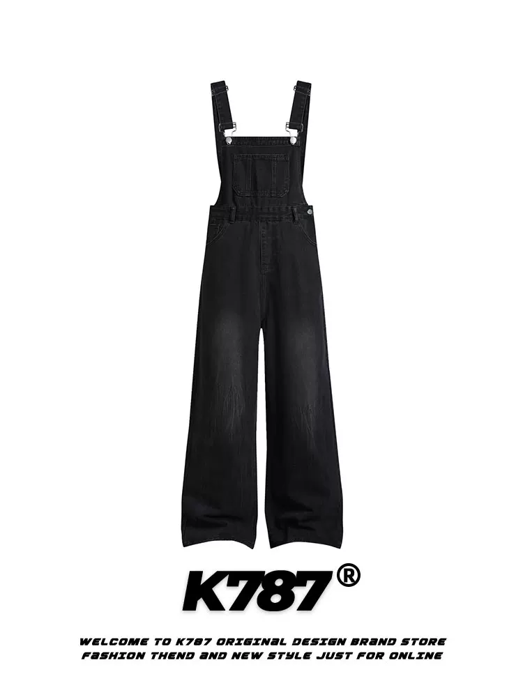 Quần yếm denim kiểu Mỹ cổ điển K787 dành cho nam và nữ, phong cách lười biếng, quần jumpsuit ống rộng dáng thẳng, thoải mái