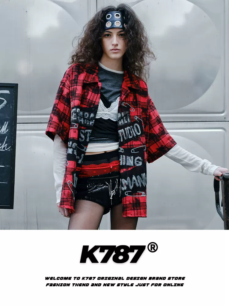 K787 Áo sơ mi ngắn tay kẻ sọc in họa tiết cổ điển kiểu Mỹ dành cho nam và nữ với thiết kế độc đáo áo cardigan nửa tay mùa hè kiểu dáng cao cấp