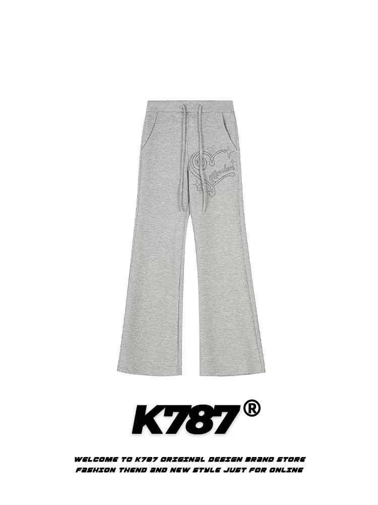 Quần thể thao unisex dáng rộng ống đứng cạp cao phong cách đường phố, kiểu dáng retro Mỹ, đính đá, mã K787