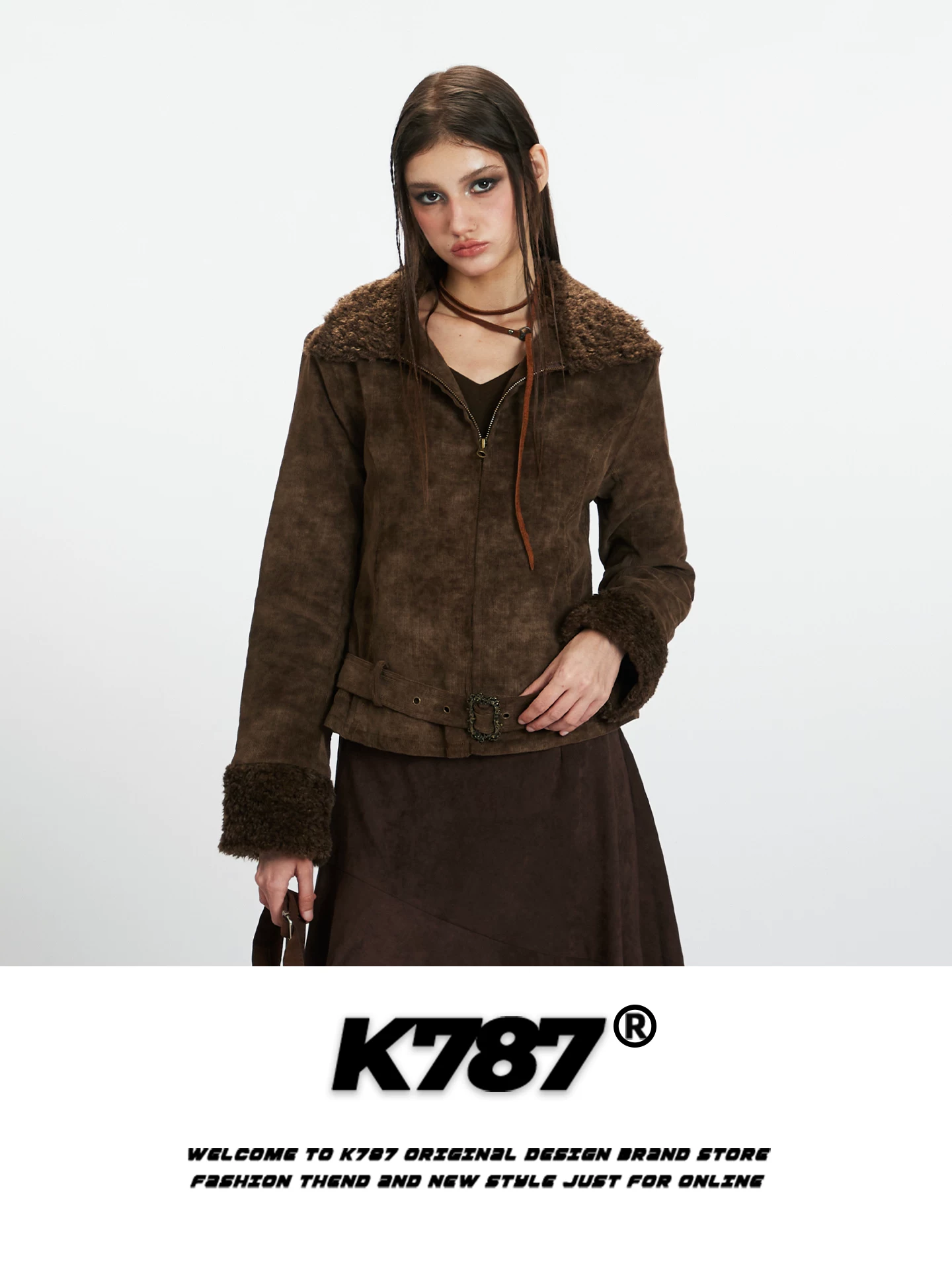 Áo khoác cotton phối len cừu kiểu Mỹ cổ điển K787 dành cho nam và nữ, dáng rộng, phong cách thường ngày, ấm áp, có khóa kéo, thích hợp cho mùa đông.