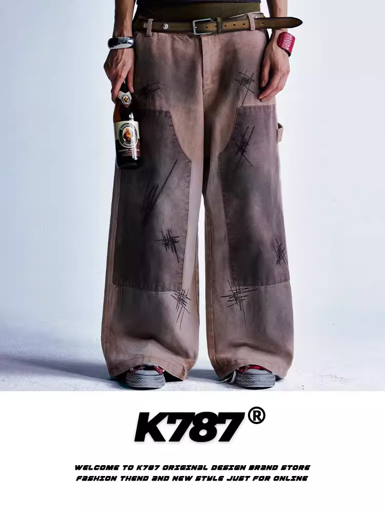 Quần jeans unisex kiểu Mỹ cổ điển, xước, phối vải, cạp cao, dáng rộng, ống thẳng, phong cách lumberjack, kiểu dáng công nhân.