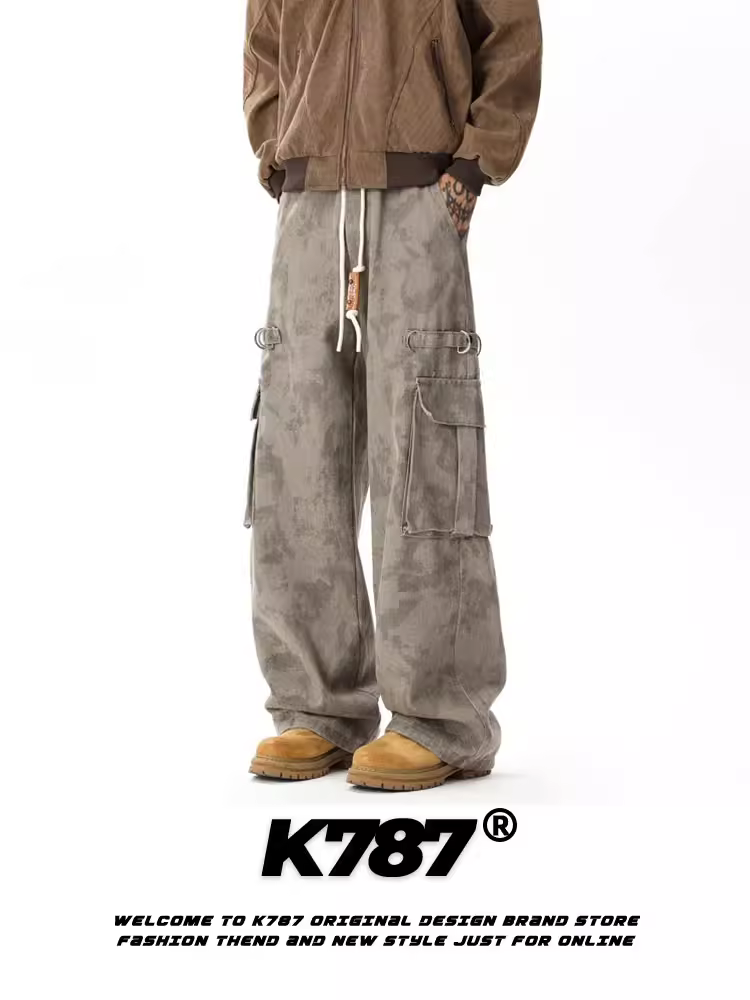 Quần cargo kaki kiểu Mỹ cổ điển K787 nhiều túi, dây rút, họa tiết rằn ri dành cho nam, dáng rộng, phong cách đường phố, cạp cao, ống thẳng, quần thể thao