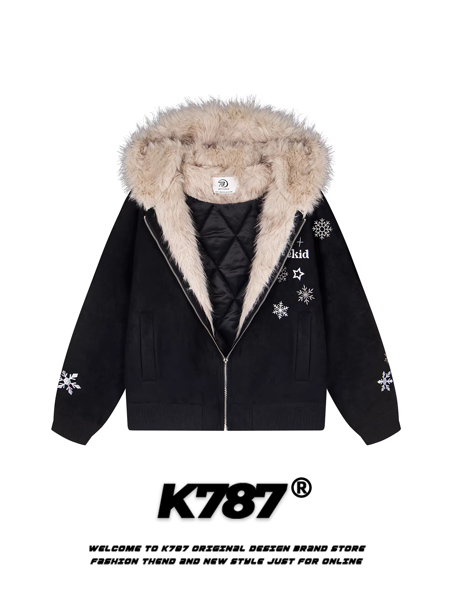 Áo khoác cotton có mũ trùm đầu, cổ lông thêu hình bông tuyết kiểu Mỹ cổ điển K787 dành cho nam và nữ, chất liệu da lộn may chần bông giữ ấm, áo khoác mùa đông dành cho cặp đôi