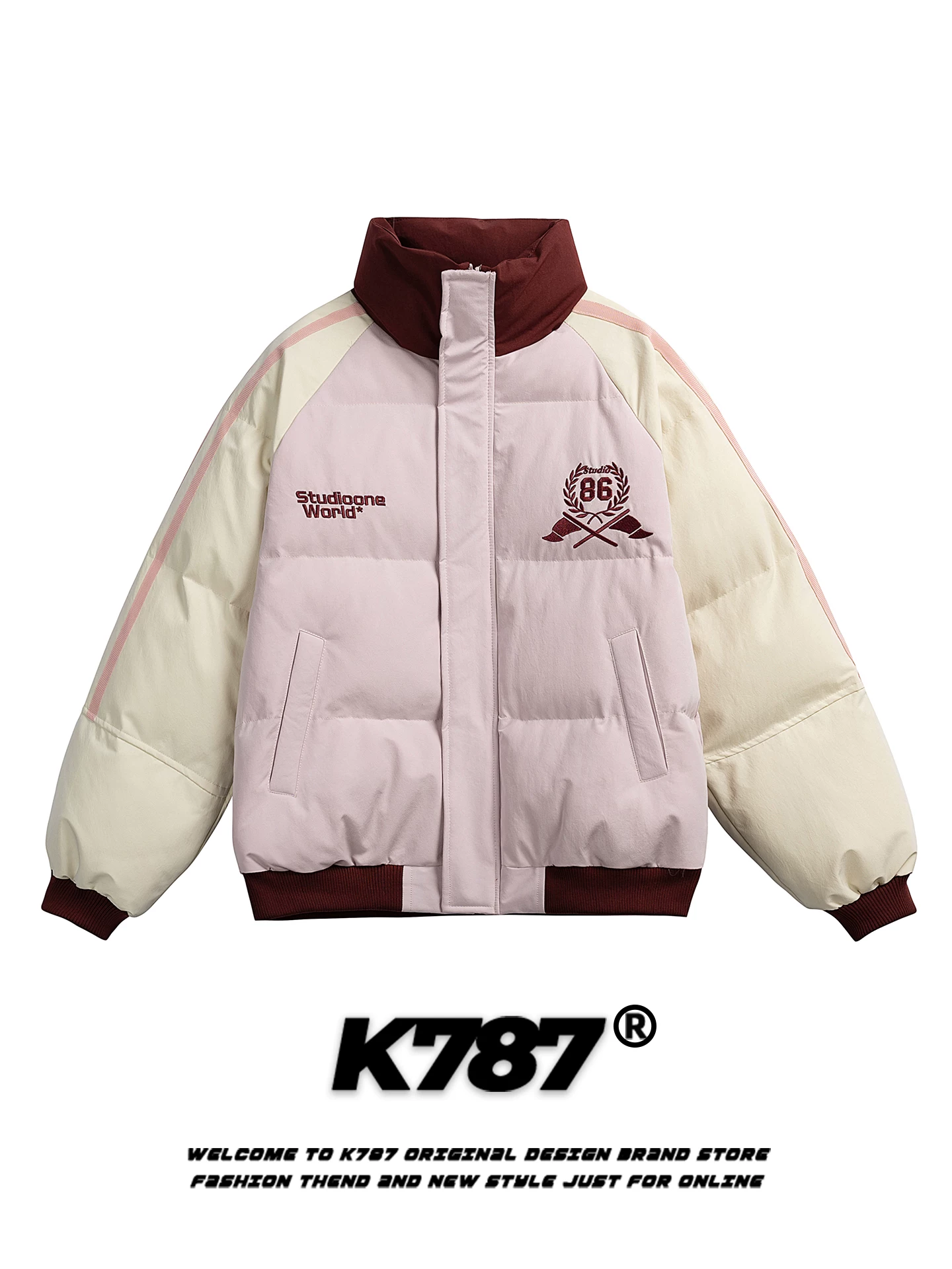 Áo khoác cotton cổ đứng phối màu thêu kỹ thuật số kiểu Mỹ cổ điển K787, unisex, phong cách năng động, ấm áp, dày dặn, mùa đông