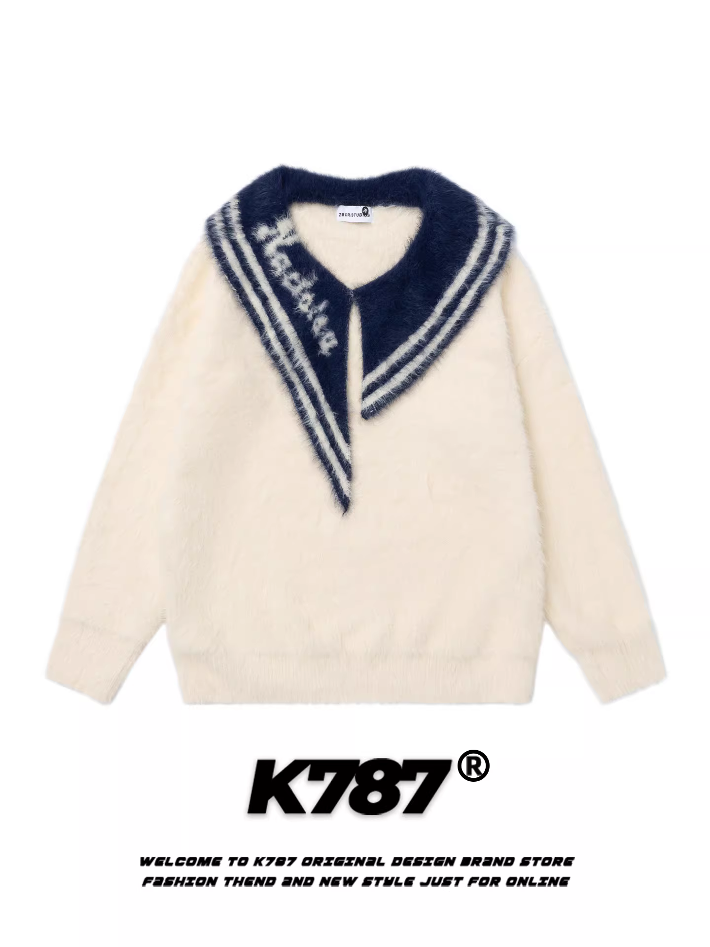 K787 Áo len cổ thủy thủ cleanfit cổ điển kiểu Mỹ dành cho nữ, áo len ngắn dáng rộng phong cách nữ sinh ngọt ngào