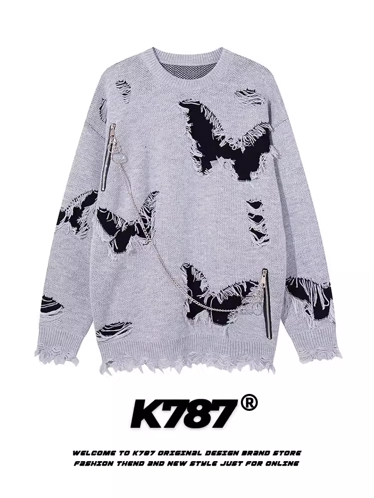 Áo len dệt kim kiểu Trung Hoa cổ điển Mỹ, phong cách hip-hop, họa tiết bướm, phối màu cũ kỹ, unisex, kiểu dáng lười, mùa đông, có kèm dây chuyền trang trí.