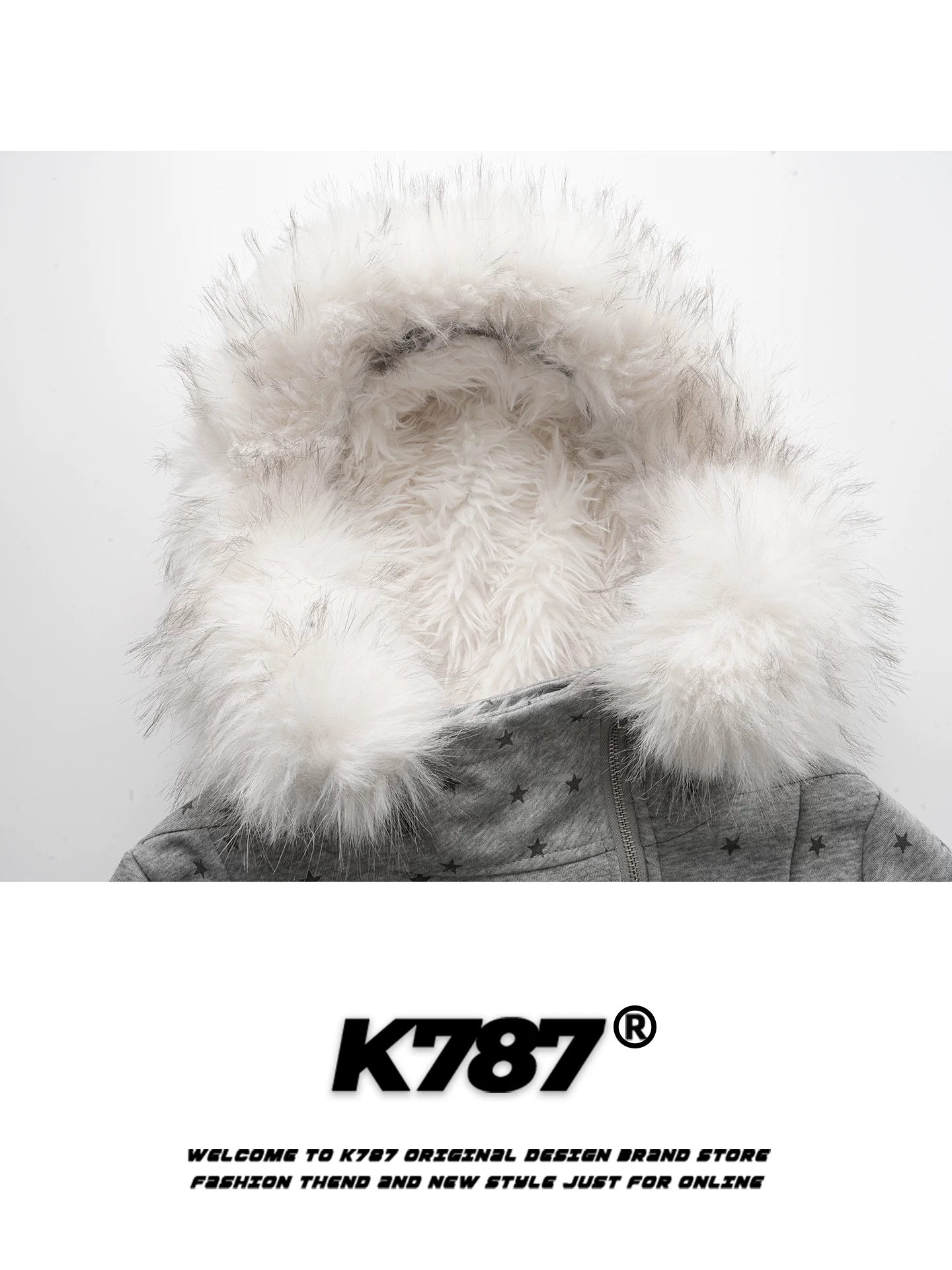 Áo khoác cotton có mũ trùm đầu cổ lông in hình ngôi sao phong cách retro Mỹ K787 dành cho nữ, lót lông cừu, dày dặn, ấm áp, áo khoác cotton ngắn cho mùa đông.