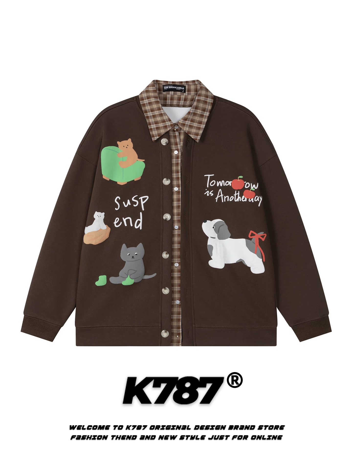 K787 Phong cách đường phố Mỹ mèo và chó thư graffiti áo len cardigan unisex cổ điển phong cách đại học cặp đôi áo khoác mùa thu
