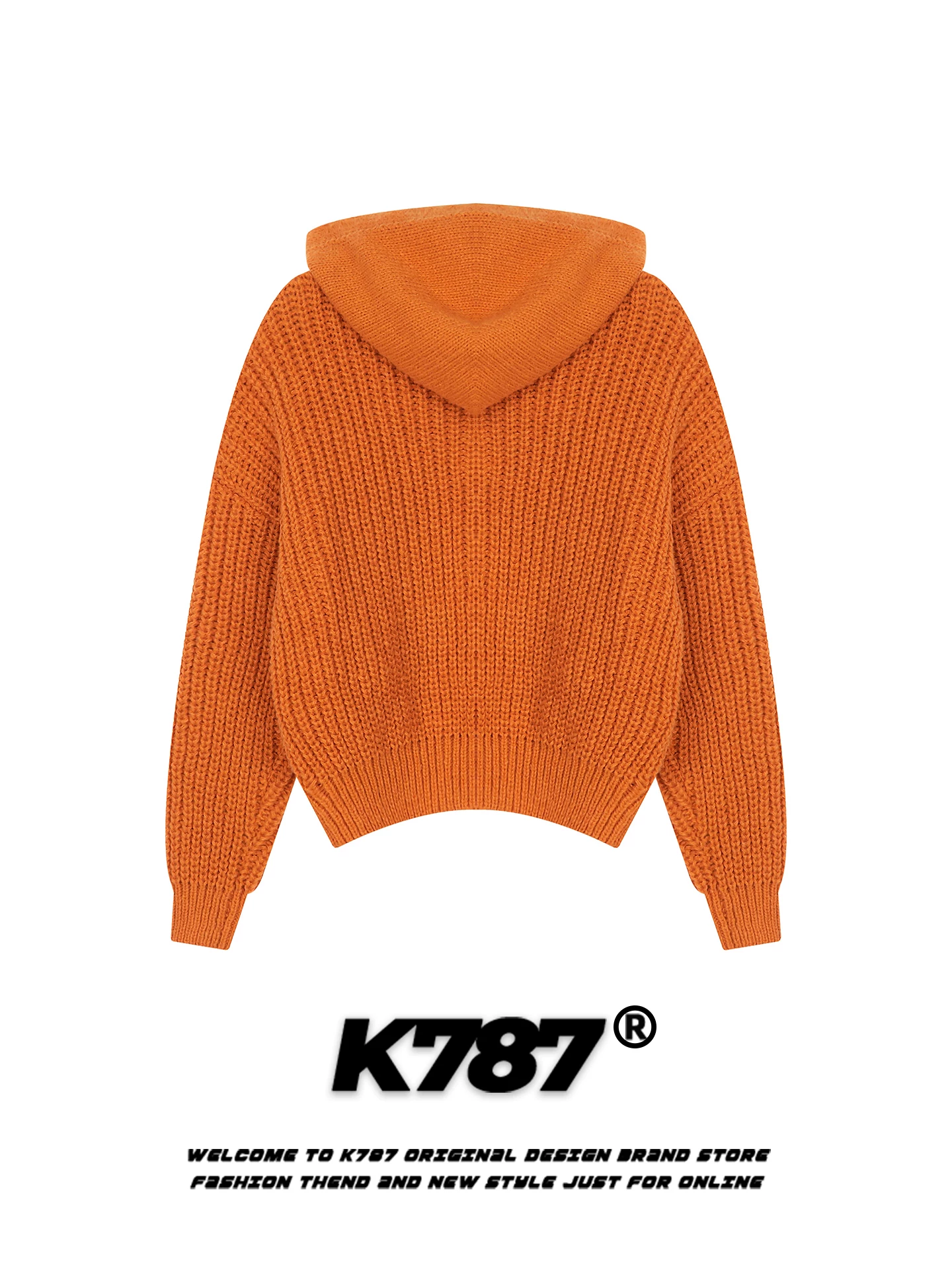 Áo khoác cardigan len dệt kim kiểu Mỹ K787, dáng rộng, có mũ, dành cho nam và nữ, màu cam hoàng hôn, áo khoác len cặp đôi màu cam, phong cách thường ngày