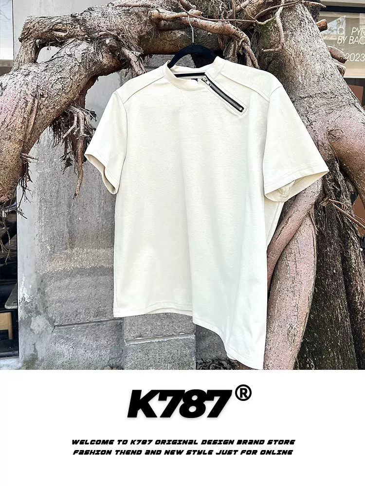 K787 Áo thun ngắn tay phong cách retro cleanfit kiểu Mỹ có khóa kéo bên hông unisex màu trơn đa năng đi lại