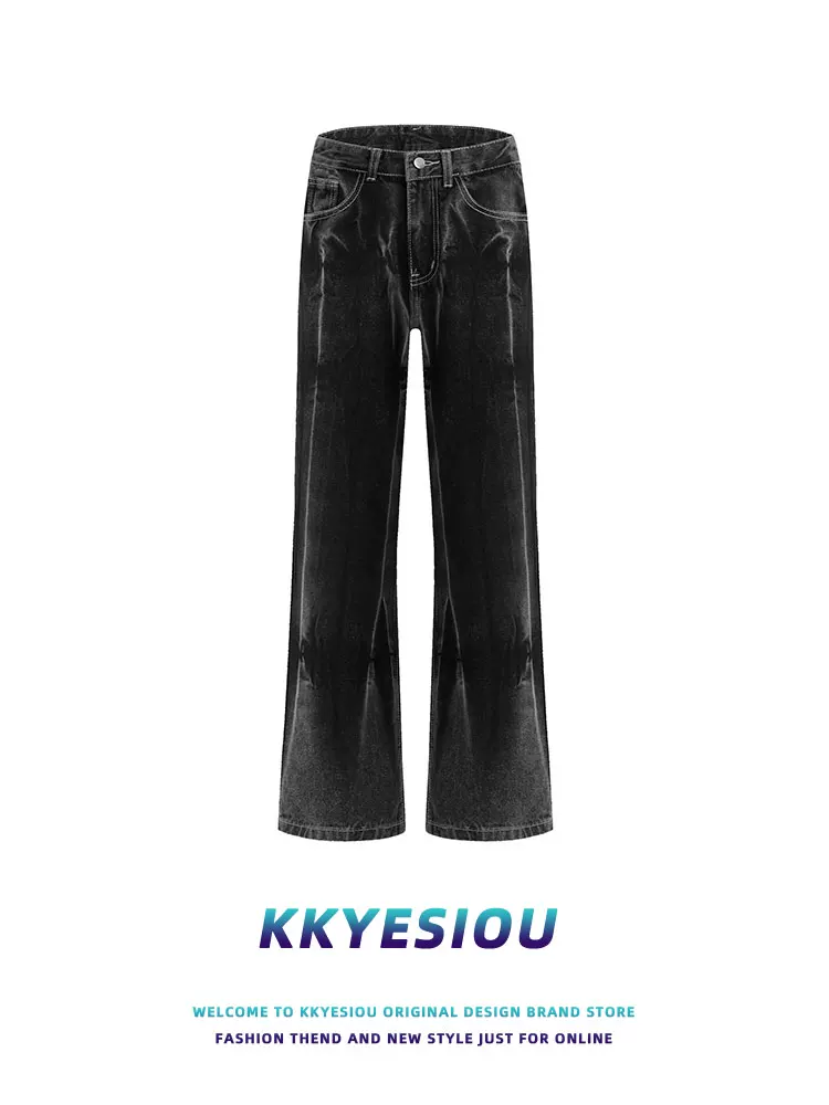 Quần jeans đen phai màu kiểu Mỹ cổ điển, unisex, dáng rộng, cạp cao, đa năng, ống thẳng của thương hiệu KKyesiou