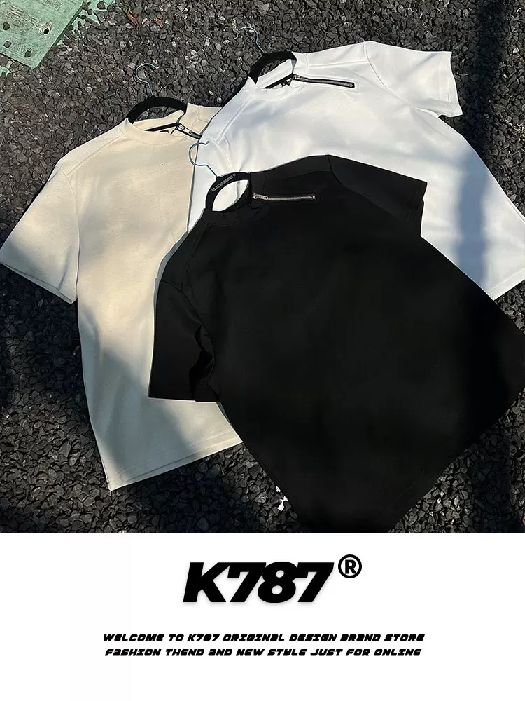 K787 Áo thun ngắn tay phong cách retro cleanfit kiểu Mỹ có khóa kéo bên hông unisex màu trơn đa năng đi lại