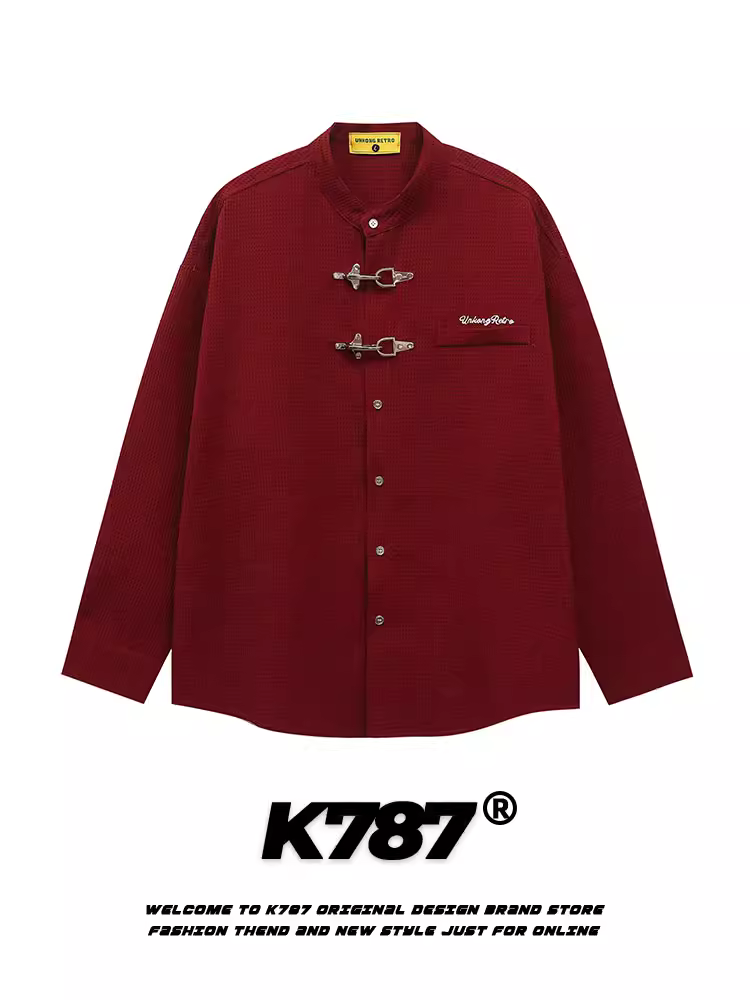 K787 Áo sơ mi dài tay kiểu Trung Quốc kiểu Mỹ cổ điển dành cho nam và nữ áo khoác cặp đôi màu đỏ cổ điển năm hoàng đạo