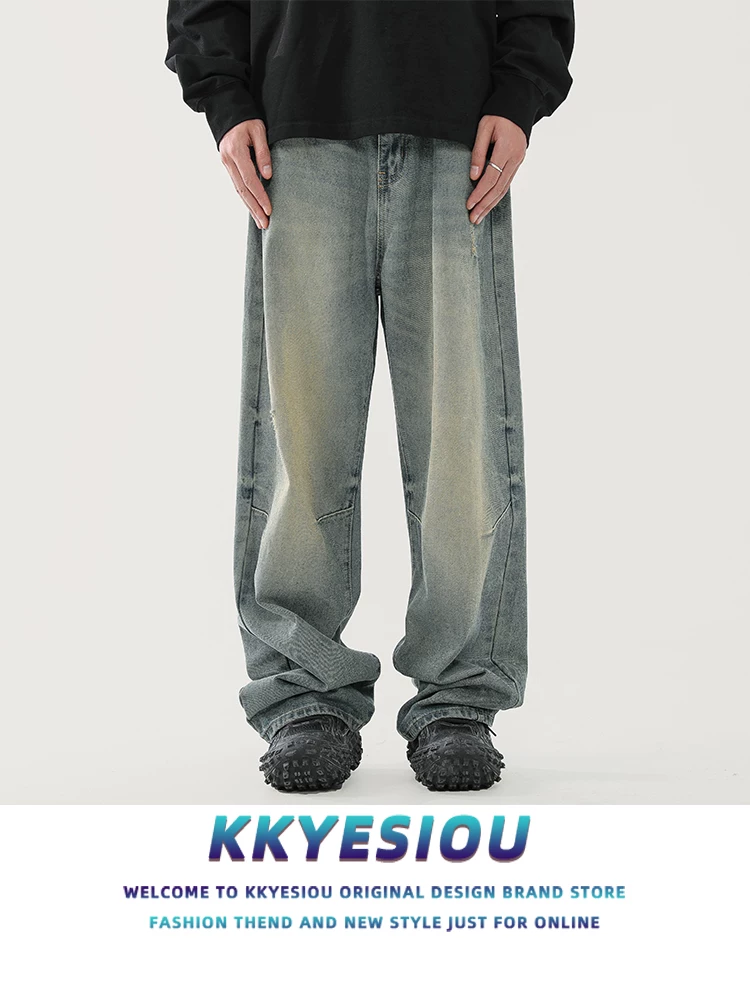 Quần ống rộng unisex phong cách retro Mỹ, chất liệu washed, kiểu dáng xu hướng đường phố, dáng thẳng, size lớn