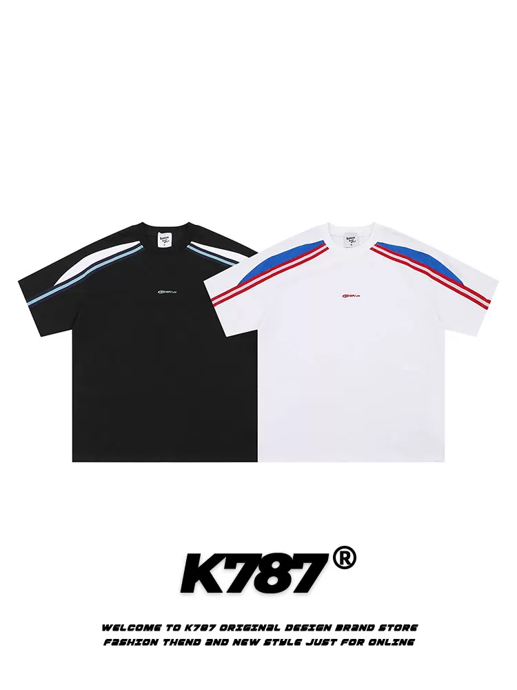 K787 Áo thun ngắn tay phối màu phong cách retro thể thao kiểu Mỹ dành cho nam và nữ, áo nửa tay dáng rộng phong cách đường phố đa năng dành cho cặp đôi