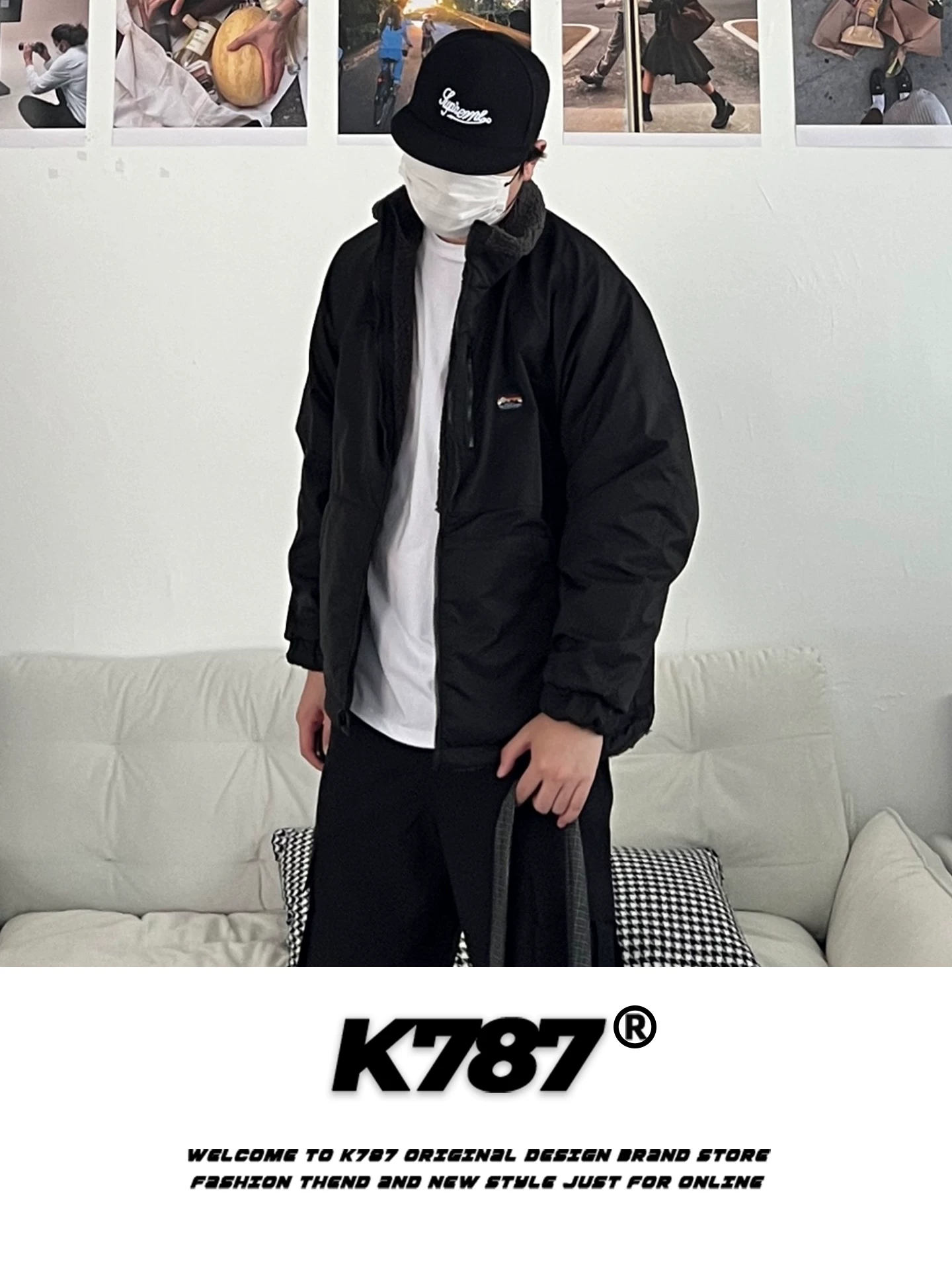 Áo khoác cotton cổ đứng phối vải len cừu kiểu Mỹ cổ điển K787 dành cho nam và nữ, dáng rộng, lót lông cừu, áo khoác cotton ấm áp dành cho cặp đôi.