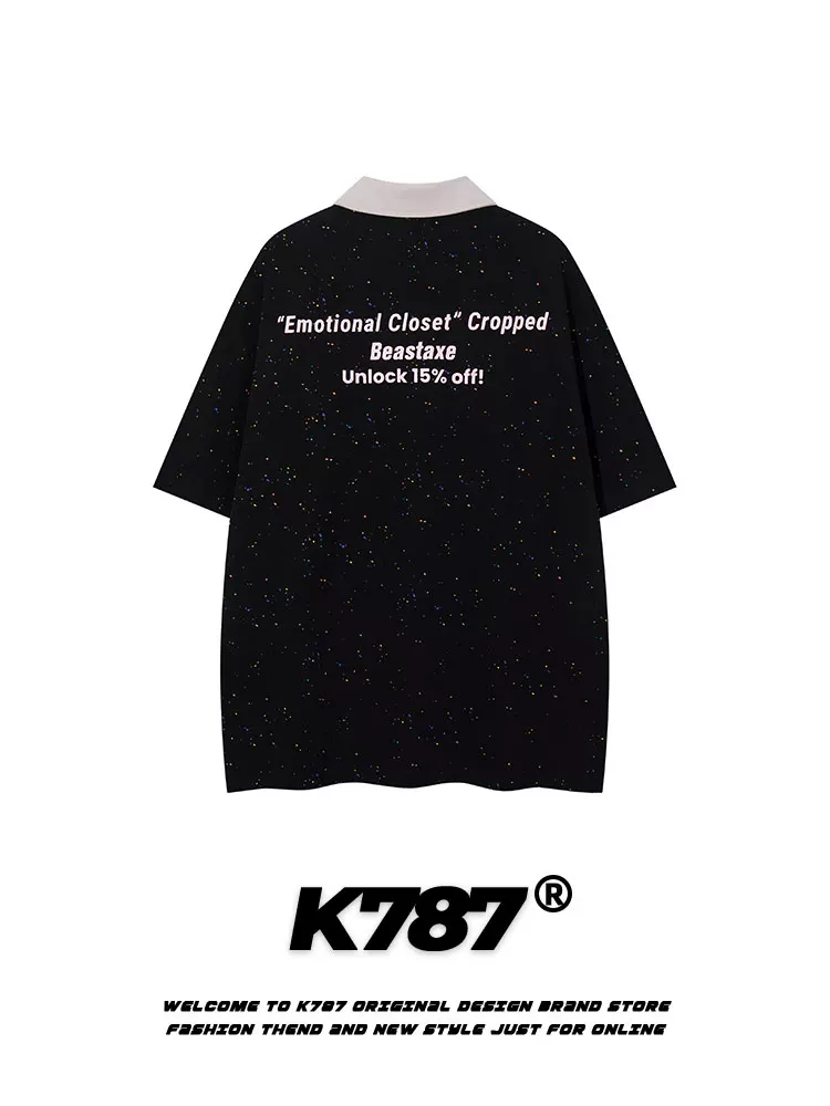K787 Áo thun ngắn tay thêu bầu trời đầy sao theo phong cách retro của Mỹ unisex đa năng áo sơ mi polo màu sắc thông thường