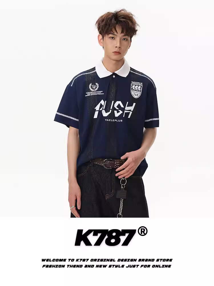 K787 Áo thun polo thể thao phong cách retro Mỹ unisex đường phố blokecore áo thun ngắn tay mùa hè