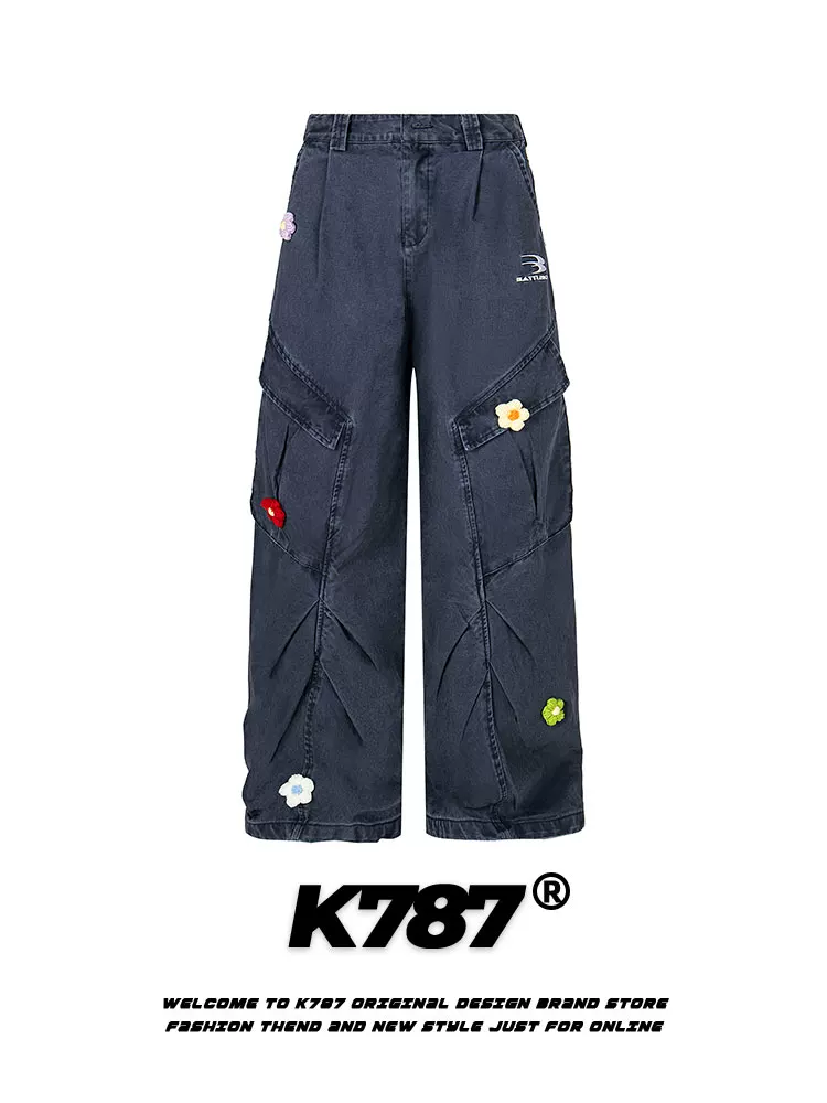 K787 Quần tây thêu phong cách retro quốc gia của Mỹ quần công sở giản dị unisex oversize lưng cao đa năng quần denim ống thẳng đa năng