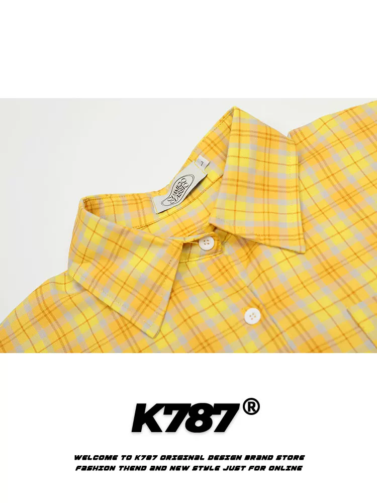 Áo sơ mi ngắn tay kẻ sọc thêu chữ cổ điển Mỹ K787 dành cho nam và nữ, áo cardigan nửa tay dáng rộng phong cách đường phố, đa năng
