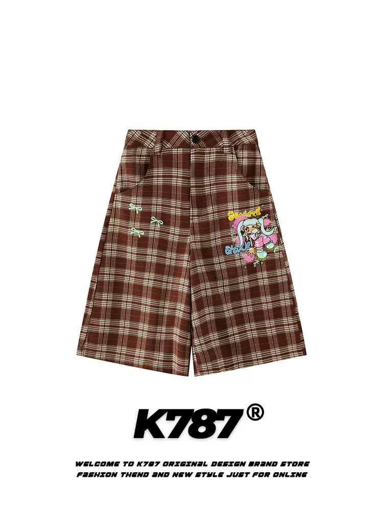 Quần ống rộng unisex kiểu dáng xu hướng đường phố, cạp cao, chất liệu kẻ caro, in họa tiết hoạt hình retro Mỹ, kiểu dáng lửng, rộng rãi, thoải mái, mã K787