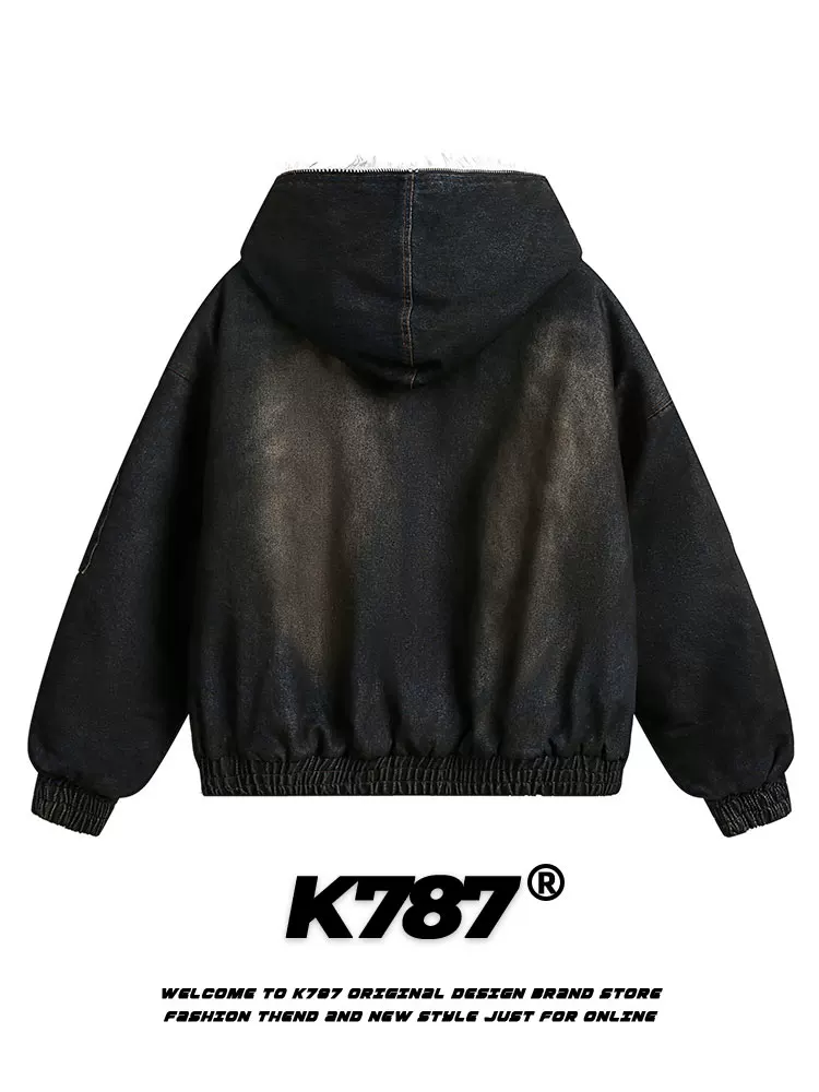 Áo khoác denim có mũ trùm đầu, cổ lông dày kiểu Trung Quốc K787 dành cho nam và nữ, đã qua xử lý làm mềm và tạo hiệu ứng cũ kỹ, áo khoác cotton có mũ dành cho cặp đôi mùa đông.