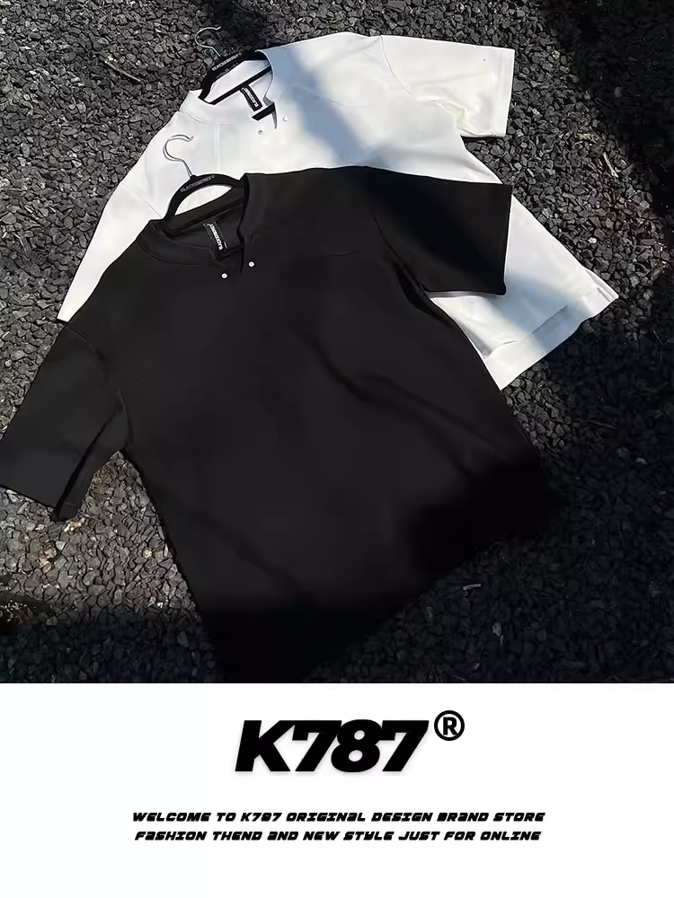 K787 Áo thun ngắn tay cổ chữ V nhỏ màu trơn phong cách retro Mỹ cổ điển unisex cổ đứng đa năng áo thun nửa tay mùa hè