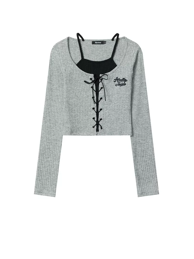 Áo len nữ kiểu KKyesiou, phong cách BM, giả hai mảnh, cổ halter, ngắn, kiểu thường, dây đeo bụng, phong cách học sinh, dệt kim, thường ngày